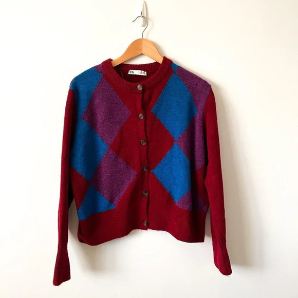 Zara Argyle Knit Button Cardigan Sweater Red Blue Size  Small - Picture 3 of 8
